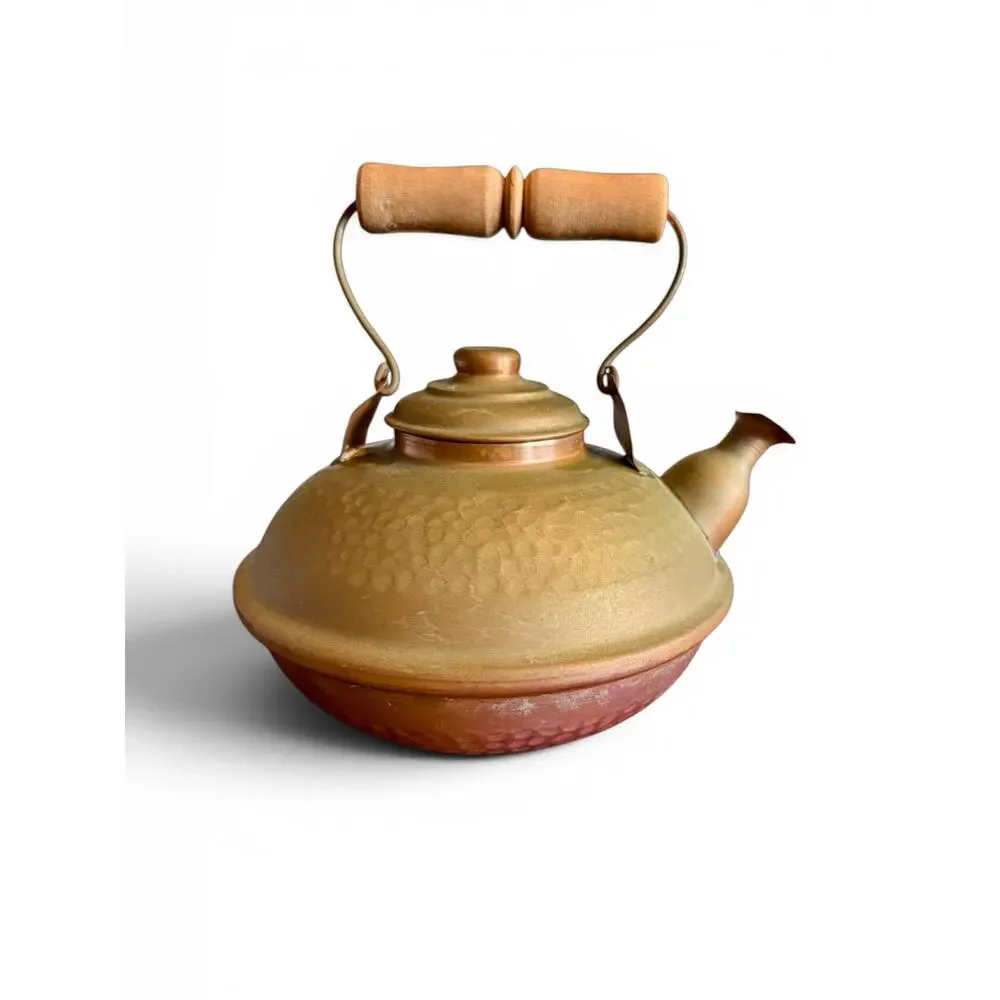 Vintage Hammered Copper Brass Kettle Teapot-Chile-Wood Handle-Rustic-Farmhouse
